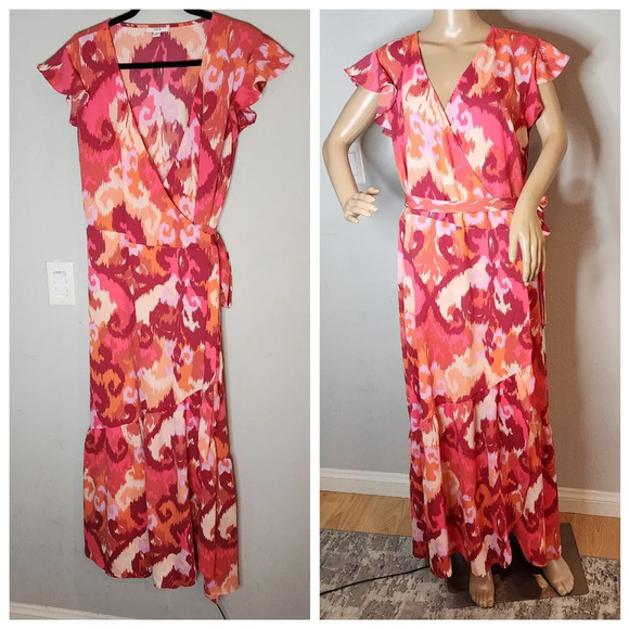 Bar lll Flutter-Sleeve Wrap Maxi Dress. Coral Pink. Size XXL. - Picture 7 of 13